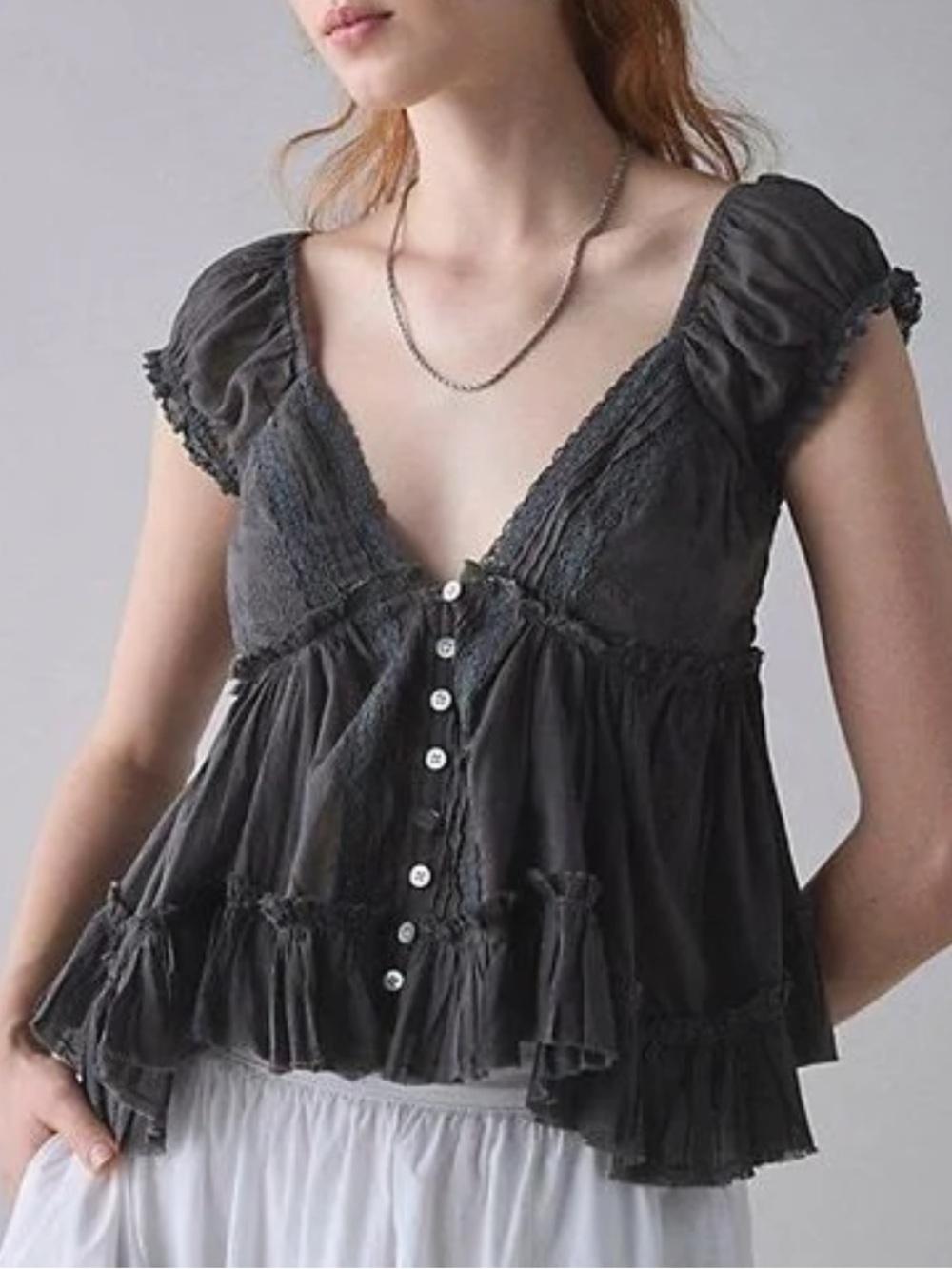 Kimchi Blue grey lace trim button front babydoll blouse Size L